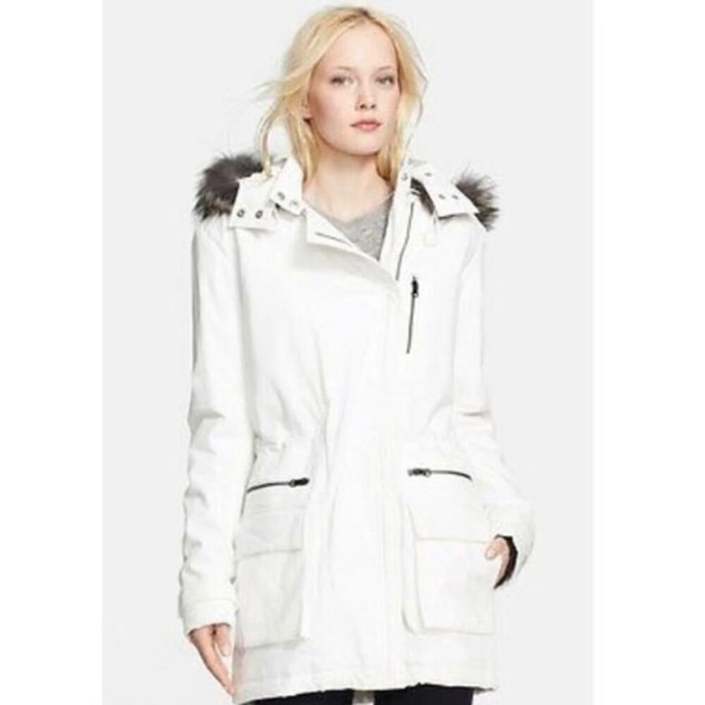 Vince White Genuine Coyote Fur Trim Hood Zip Longline Quilted Lining Parka Coat